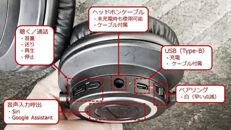 audio-technica ワイヤレス ヘッドホン ATH-M50xBTの操作ボタン写真