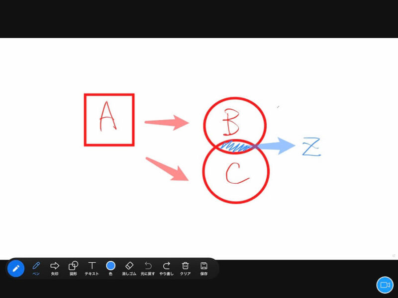 画面共有されたiPad miniのZoomのホワイトボード画面 