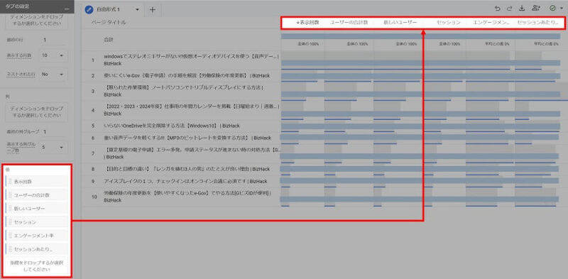 GA4の探索画面で「表示回数・ユーザーの合計数・新しいユーザー・セッション・エンゲージメント率・セッションあたりのユーザーエンゲージメント時間」の指標を追加した画像