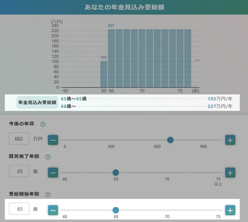 「公的年金シミュレーター」PCの数値変更後画面