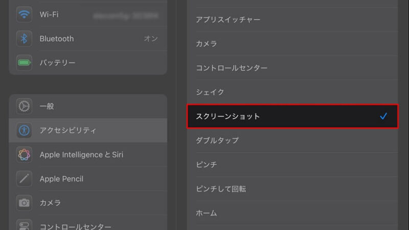 iPadの設定画面で［スクリーンショット］の位置を示した画像