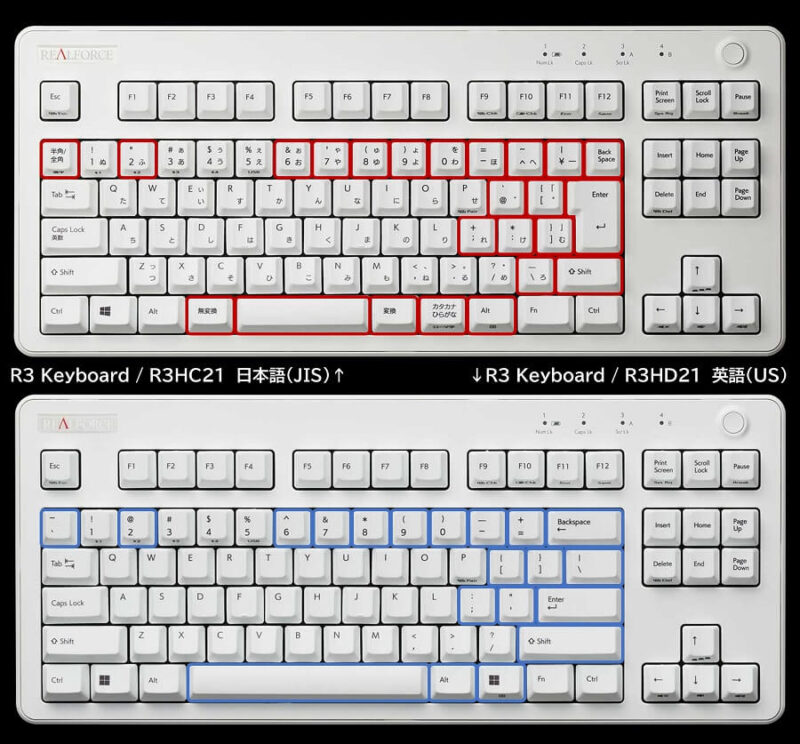 リアルフォースのR3キーボード、win用ホワイト:R3HC21(日本語) / R3HD21(英語)の違い