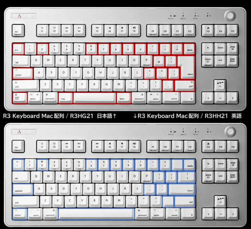 リアルフォースのR3キーボード、mac用ホワイト:R3HG21(日本語) / R3HH21(英語)の違い